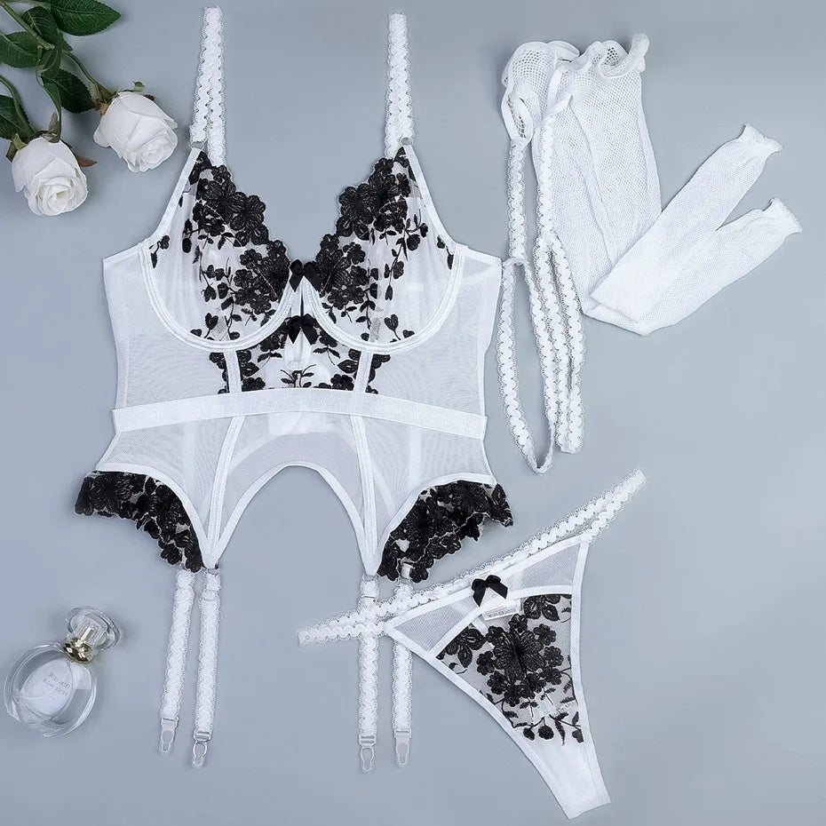 Ensemble de sous-vêtements en dentelle transparente pour femmes, lingerie sexy, soutien-gorge et slip, bas, vêtements de nuit, olympiques porno, 7.0