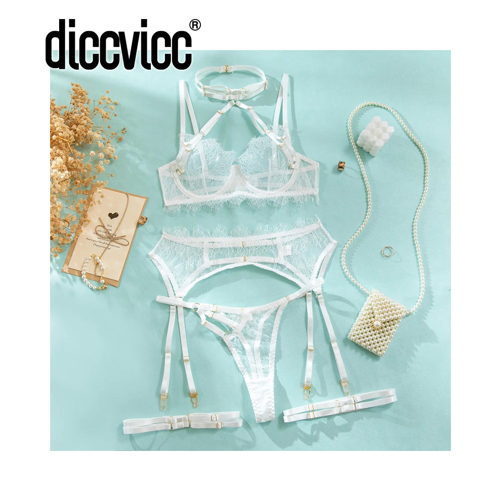 Diccvicc Lingerie Sexy cils chauds dentelle garniture pansement soutien-gorge porte-jarretelles avec sous-vêtements culotte Transparent intimité porter ensemble exotique