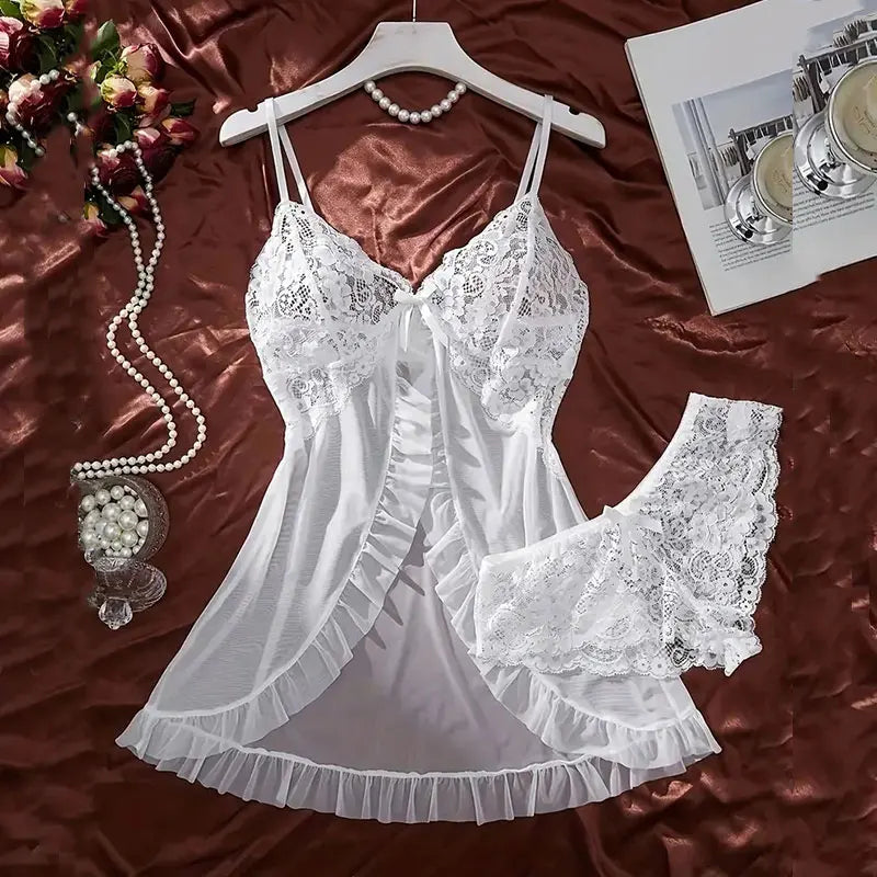 Un ensemble de chemise de nuit Ultra Sexy en Tulle, soutien-gorge à col en v, jupe de nuit ouverte, robe érotique pour femme, pyjama transparent, pantalon de Lingerie, kit de luxe