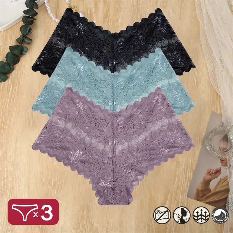 3 pièces femmes Sexy dentelle culottes Perspective florale Uderwear couleur unie intimes Boyshort femme taille en V respirant doux Lingerie