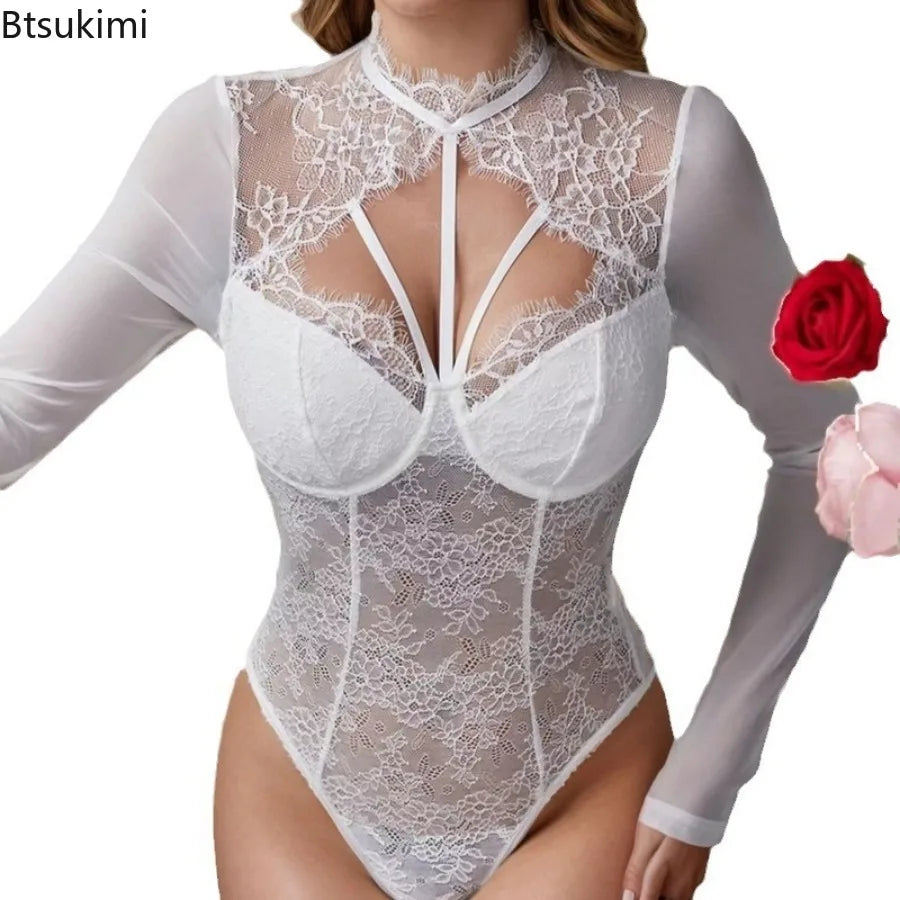 Corset Sexy en dentelle pour femmes, body à manches longues, Slim, col rond, combinaison Lingerie avec armatures, boîte de nuit