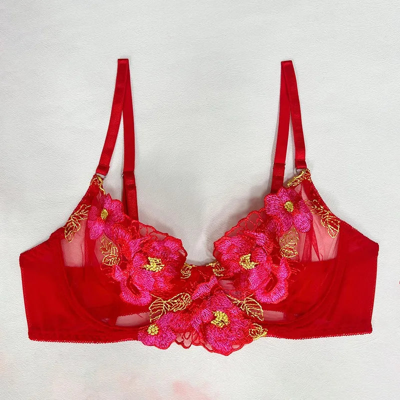 Ensemble soutien-gorge et slip Sexy pour femmes, maille transparente brodée en dentelle avec plusieurs couleurs, bretelles, soutien-gorge push-up érotique