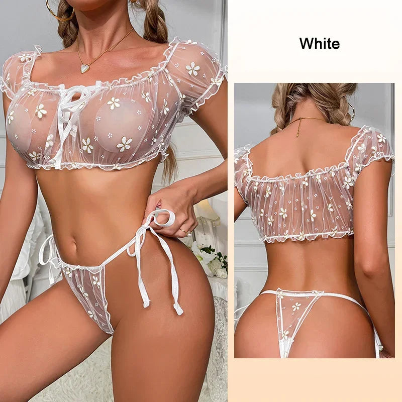 Ensemble de sous-vêtements en maille Sexy pour femmes, soutien-gorge Transparent, épaules dénudées, ensemble de 2 pièces, à volants, sous-vêtements fantaisie Sexy