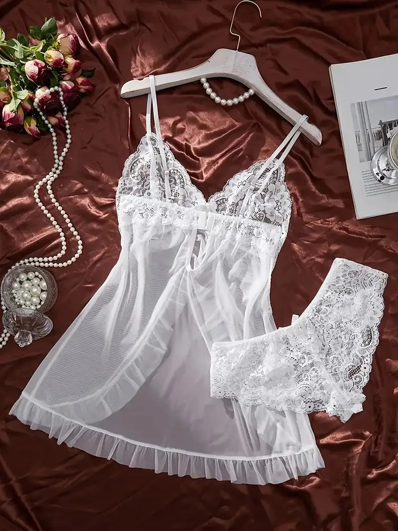 Un ensemble de chemise de nuit Ultra Sexy en Tulle, soutien-gorge à col en v, jupe de nuit ouverte, robe érotique pour femme, pyjama transparent, pantalon de Lingerie, kit de luxe