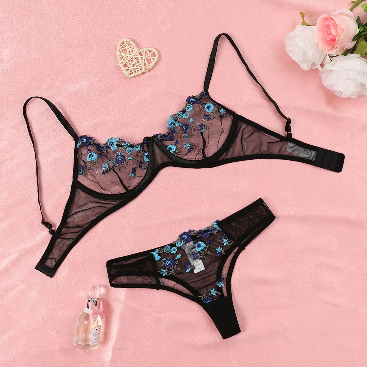 Ensemble deux pièces de lingerie transparente pour femme, string, soutiens-gorge push-up intimes, broderie, impression nœud papillon, sous-vêtements, vin, nouveau