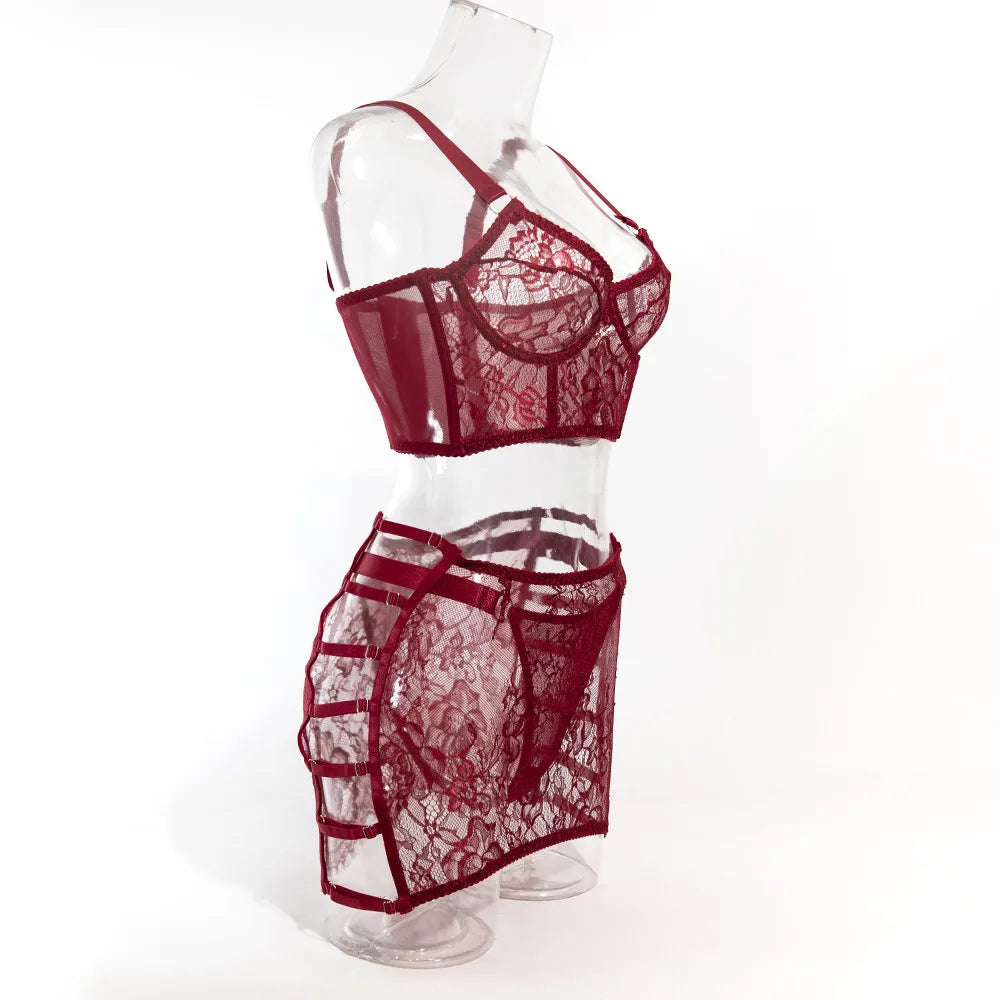 Ensembles de Lingerie sensuelle fantaisie, jarretelles ajourées sur le côté, sous-vêtements pour femmes, transparent en dentelle chaude, nouveaux tenues
