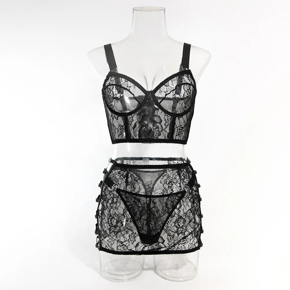 Ensembles de Lingerie sensuelle fantaisie, jarretelles ajourées sur le côté, sous-vêtements pour femmes, transparent en dentelle chaude, nouveaux tenues