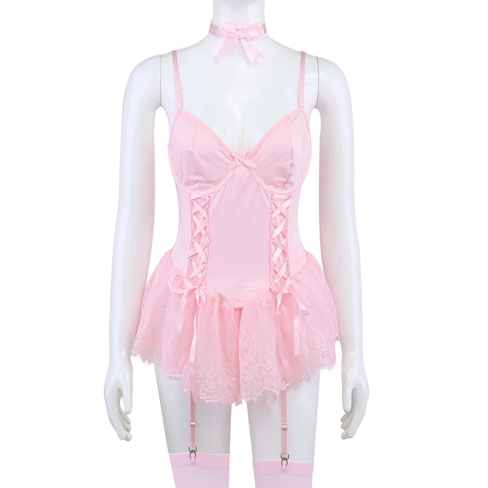 Corset en dentelle pour femmes, Lingerie Sexy, ensemble de 5 pièces avec bas et porte-jarretelles, OnlyFans, sous-vêtements fantaisie de serrage