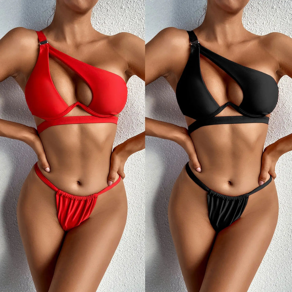 DEKA une épaule Bikini ensemble femmes solide Push Up à armatures maillots de bain vêtements de plage string maillot de bain Biquini plissé maillots de bain