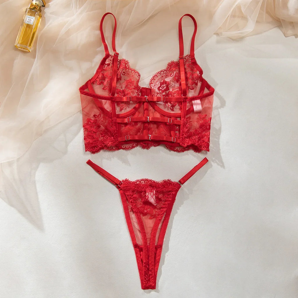 Romantique Sexy femme Lingere élégant Boudoir Corset soutien-gorge Hilitos 2PC ensemble voir à travers brodé français femme sous-vêtements