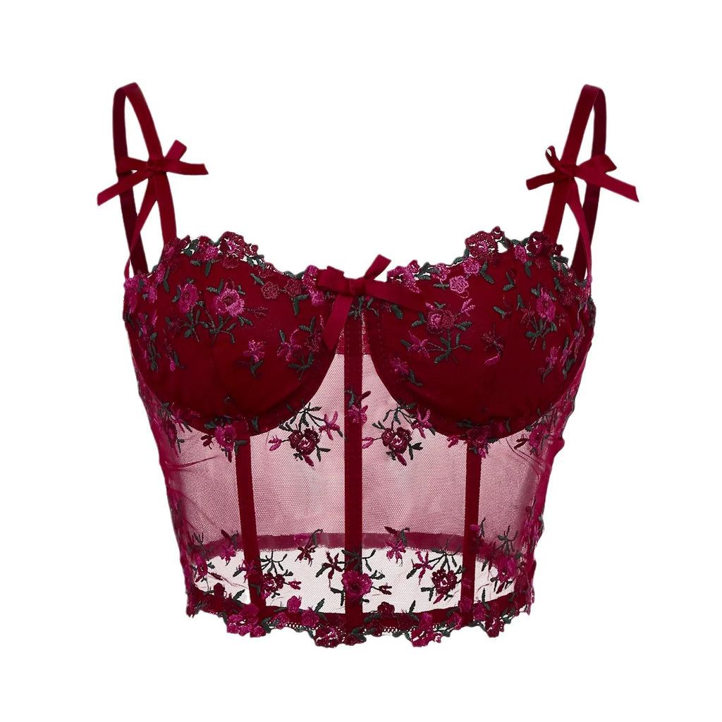 Corset Sexy en dentelle avec nœud brodé de fleurs pour femmes, Camisole en maille transparente, haut court Slim, soutien-gorge filaire, Lingerie de Festival