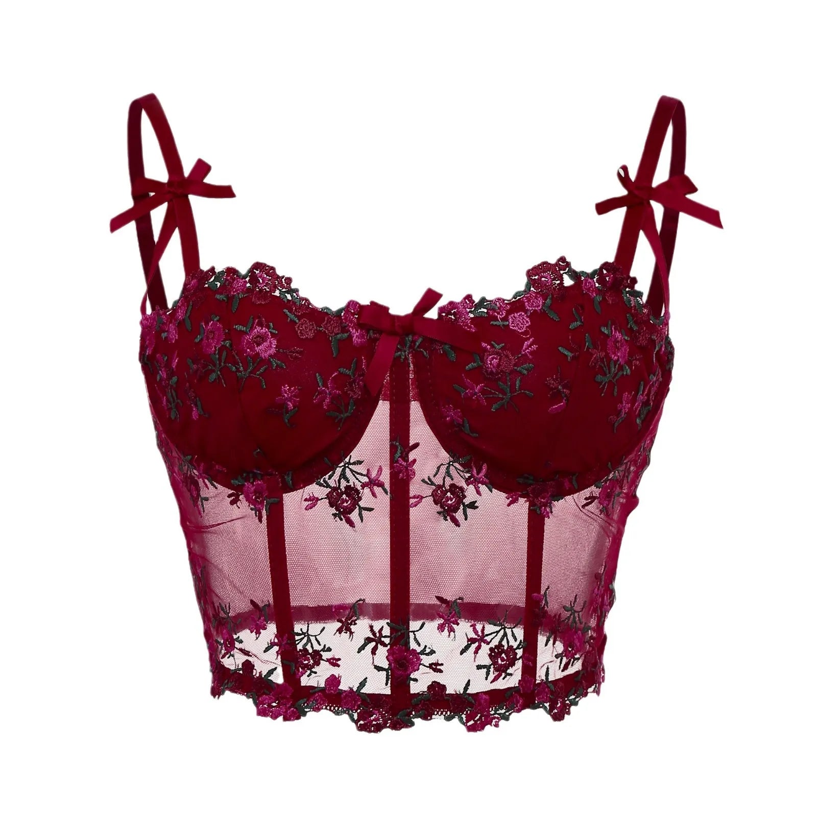 Corset Sexy en dentelle avec nœud brodé de fleurs pour femmes, Camisole en maille transparente, haut court Slim, soutien-gorge filaire, Lingerie de Festival