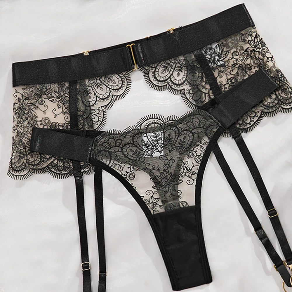 Perspective dentelle sous-vêtements brodés ensemble de Lingerie Sexy femmes voir à travers Push Up Costume érotique ensemble de Lingerie exotique intime