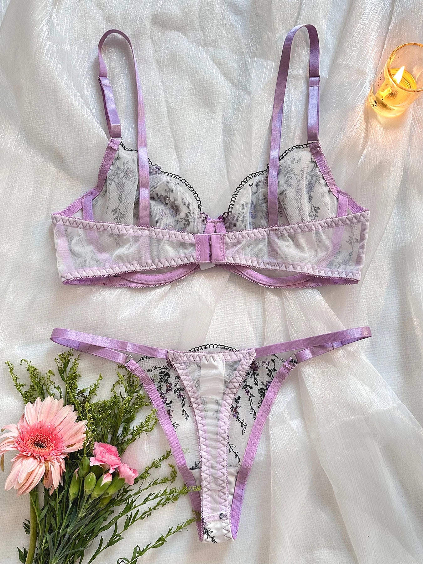 Soutien-gorge push-up en Tulle brodé, Lingerie féerique exotique, maille transparente, 3 pièces, vêtements intimes transparents pour femmes