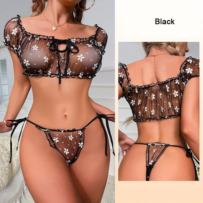 Ensemble de sous-vêtements en maille Sexy pour femmes, soutien-gorge Transparent, épaules dénudées, ensemble de 2 pièces, à volants, sous-vêtements fantaisie Sexy