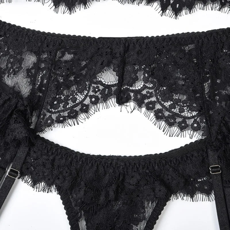 Toucheart-Ensemble de sous-vêtements en dentelle sexy pour femmes, jarretières transparentes en maille, document solide, ensemble de lingerie sexy, 4 pièces