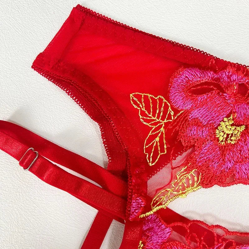 Ensemble soutien-gorge et slip Sexy pour femmes, maille transparente brodée en dentelle avec plusieurs couleurs, bretelles, soutien-gorge push-up érotique