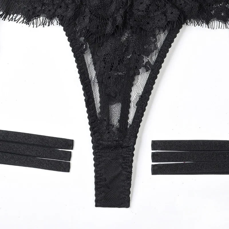 Toucheart-Ensemble de sous-vêtements en dentelle sexy pour femmes, jarretières transparentes en maille, document solide, ensemble de lingerie sexy, 4 pièces