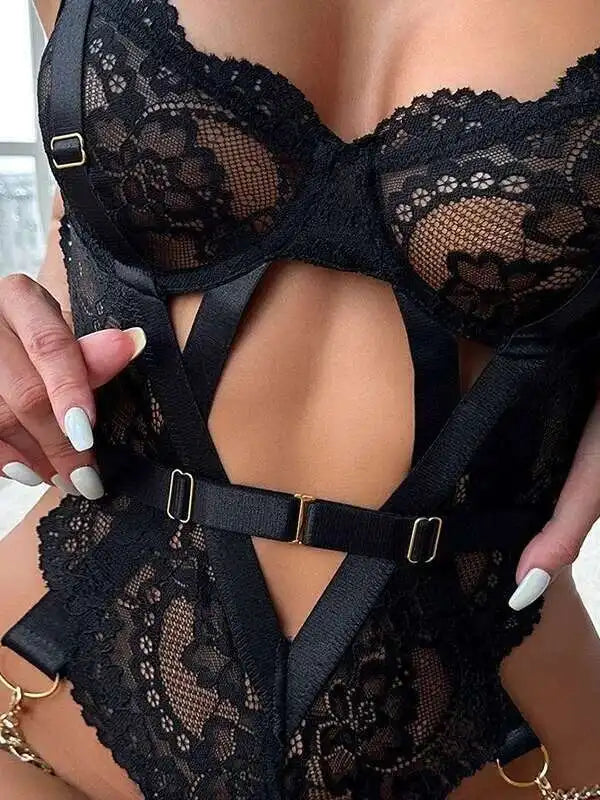 Lingerie de séduction brodée de fleurs, body transparent en dentelle noire, chaîne creuse, ajustement serré, tenue épicée pour fille, charmante AB6S