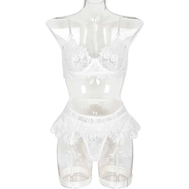 Toucheart-Ensemble de sous-vêtements en dentelle sexy pour femmes, jarretières transparentes en maille, document solide, ensemble de lingerie sexy, 4 pièces
