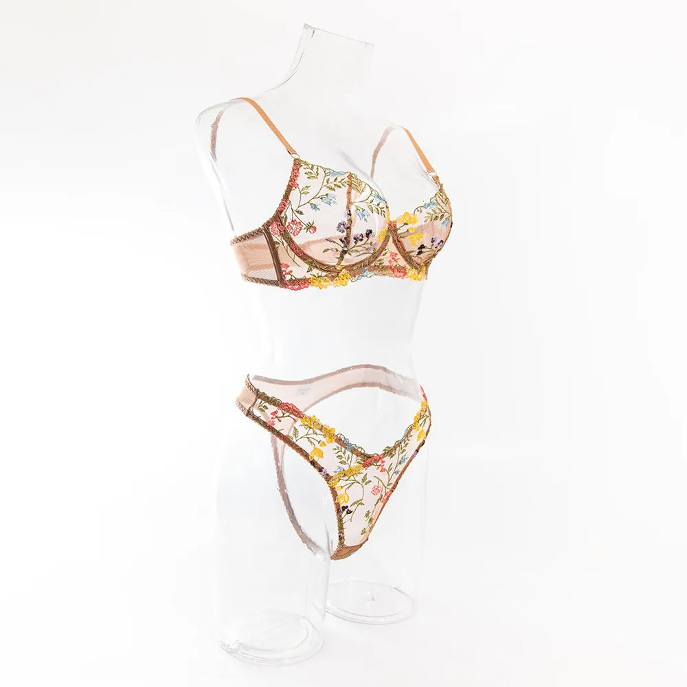 Ensemble soutien-gorge et culotte à fleurs pour femmes, ensemble deux pièces avec perspective, sous-vêtements sans censure, vêtements nette, sexy, 1300 ere, XXX