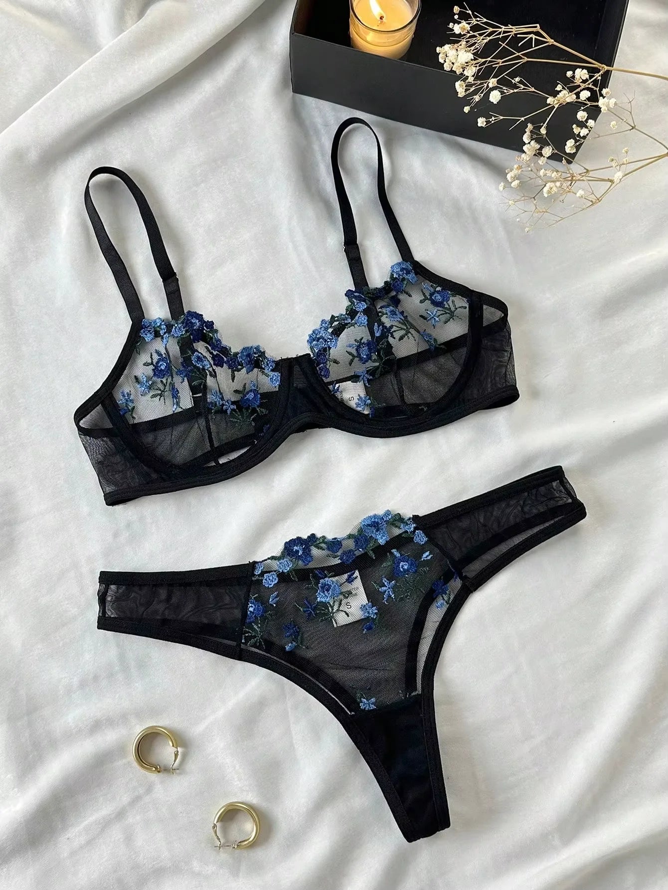 Érotique broderie bleu fragments floraux dentelle nuisette sensuelle Lingerie soutien-gorge ensemble pour femmes sous-vêtements intime Sexi culotte ensemble 2024