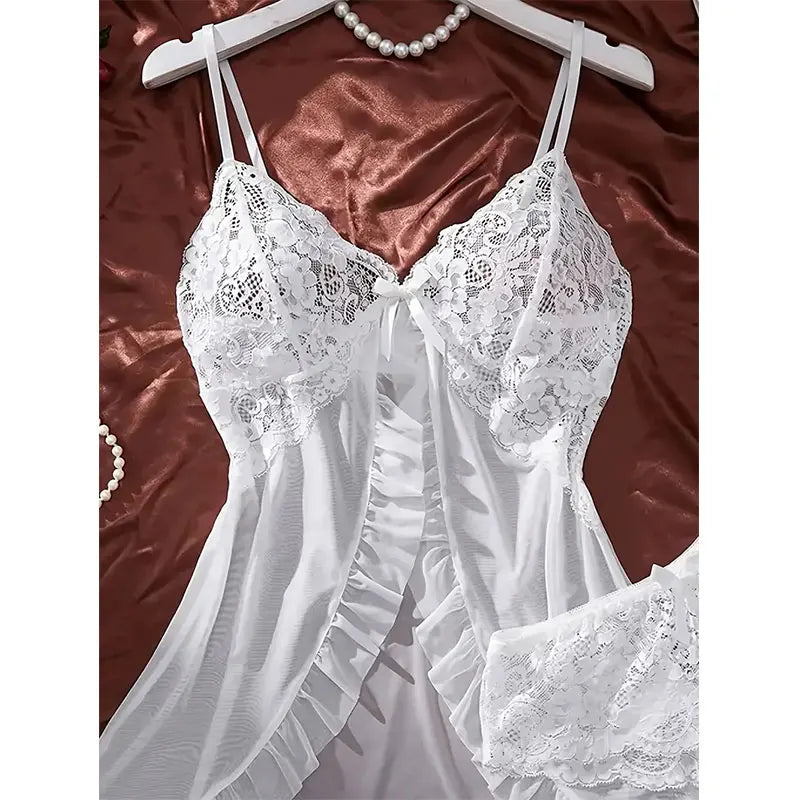 Un ensemble de chemise de nuit Ultra Sexy en Tulle, soutien-gorge à col en v, jupe de nuit ouverte, robe érotique pour femme, pyjama transparent, pantalon de Lingerie, kit de luxe
