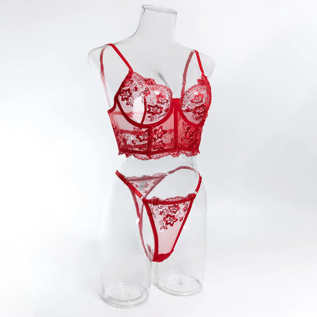 Romantique Sexy femme Lingere élégant Boudoir Corset soutien-gorge Hilitos 2PC ensemble voir à travers brodé français femme sous-vêtements