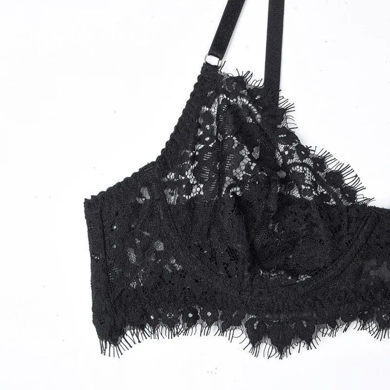 Toucheart-Ensemble de sous-vêtements en dentelle sexy pour femmes, jarretières transparentes en maille, document solide, ensemble de lingerie sexy, 4 pièces