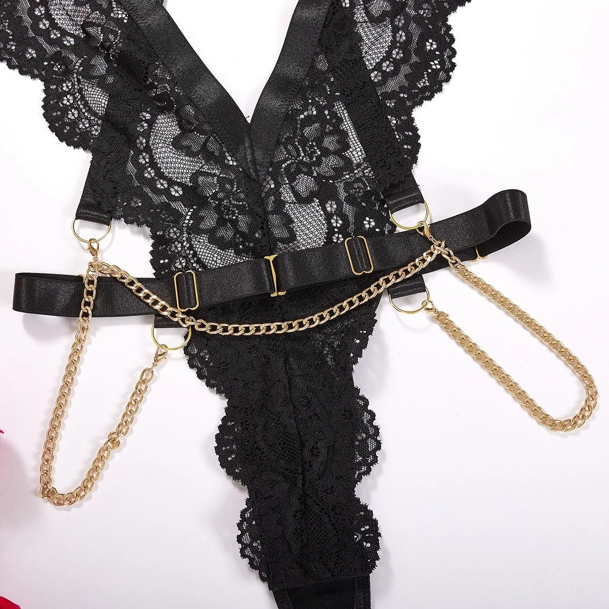 Lingerie de séduction brodée de fleurs, body transparent en dentelle noire, chaîne creuse, ajustement serré, tenue épicée pour fille, charmante AB6S