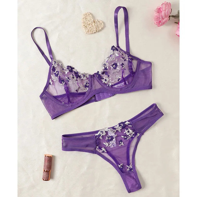 Ensemble deux pièces de lingerie transparente pour femme, string, soutiens-gorge push-up intimes, broderie, impression nœud papillon, sous-vêtements, vin, nouveau