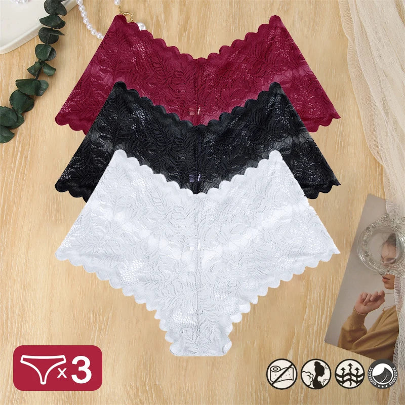 3 pièces femmes Sexy dentelle culottes Perspective florale Uderwear couleur unie intimes Boyshort femme taille en V respirant doux Lingerie