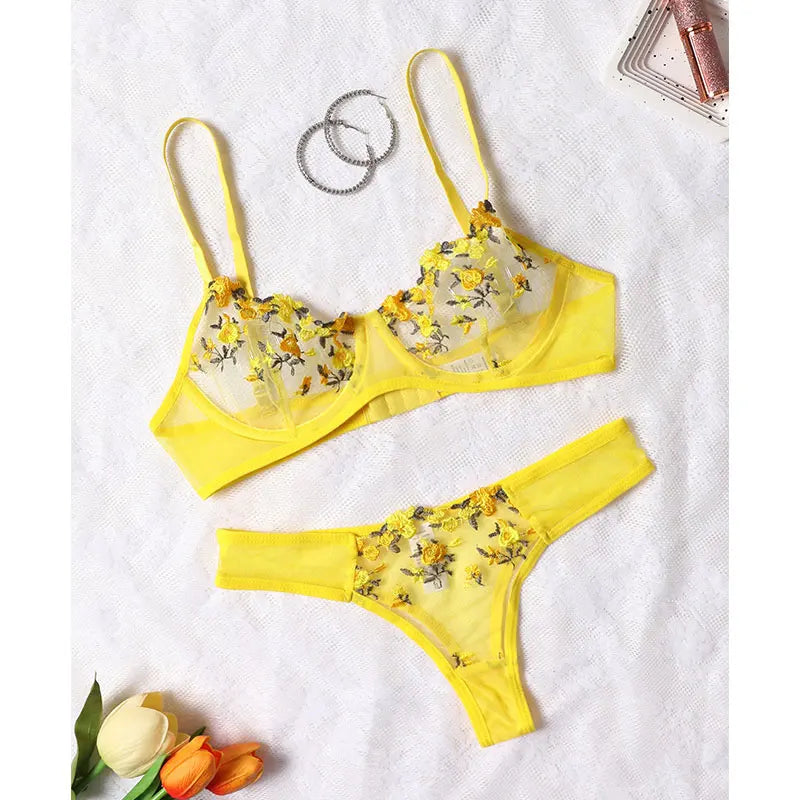 Ensemble deux pièces de lingerie transparente pour femme, string, soutiens-gorge push-up intimes, broderie, impression nœud papillon, sous-vêtements, vin, nouveau