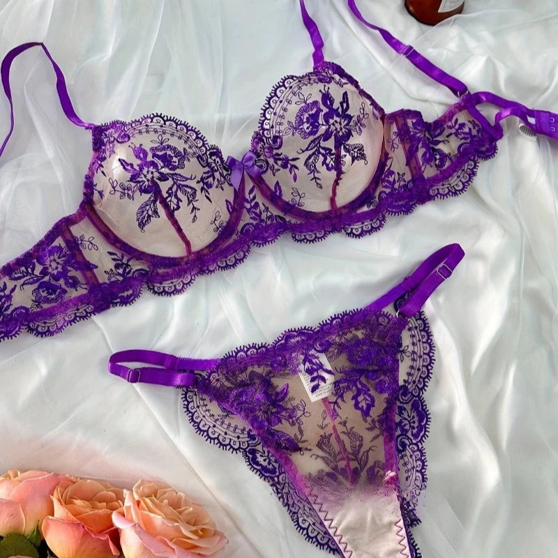 Ensemble de lingerie brodée florale pour femmes, bralette et culotte sexy en maille transparente, ensemble de soutien-gorge confortable pour un usage quotidien/fête