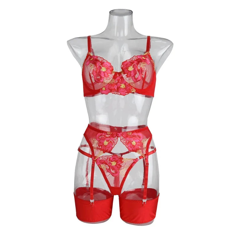 Ensemble soutien-gorge et slip Sexy pour femmes, maille transparente brodée en dentelle avec plusieurs couleurs, bretelles, soutien-gorge push-up érotique