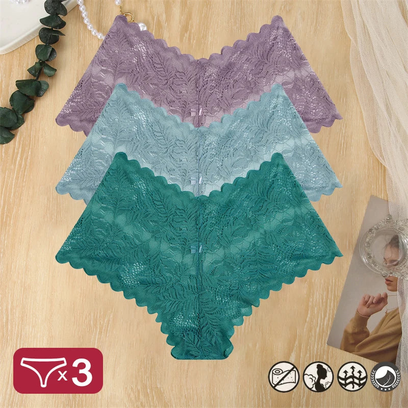 3 pièces femmes Sexy dentelle culottes Perspective florale Uderwear couleur unie intimes Boyshort femme taille en V respirant doux Lingerie