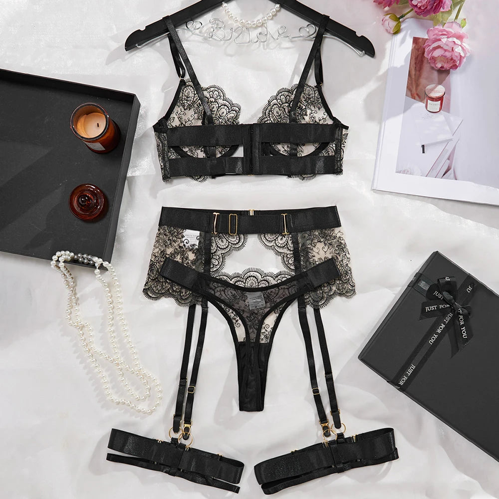 Perspective dentelle sous-vêtements brodés ensemble de Lingerie Sexy femmes voir à travers Push Up Costume érotique ensemble de Lingerie exotique intime