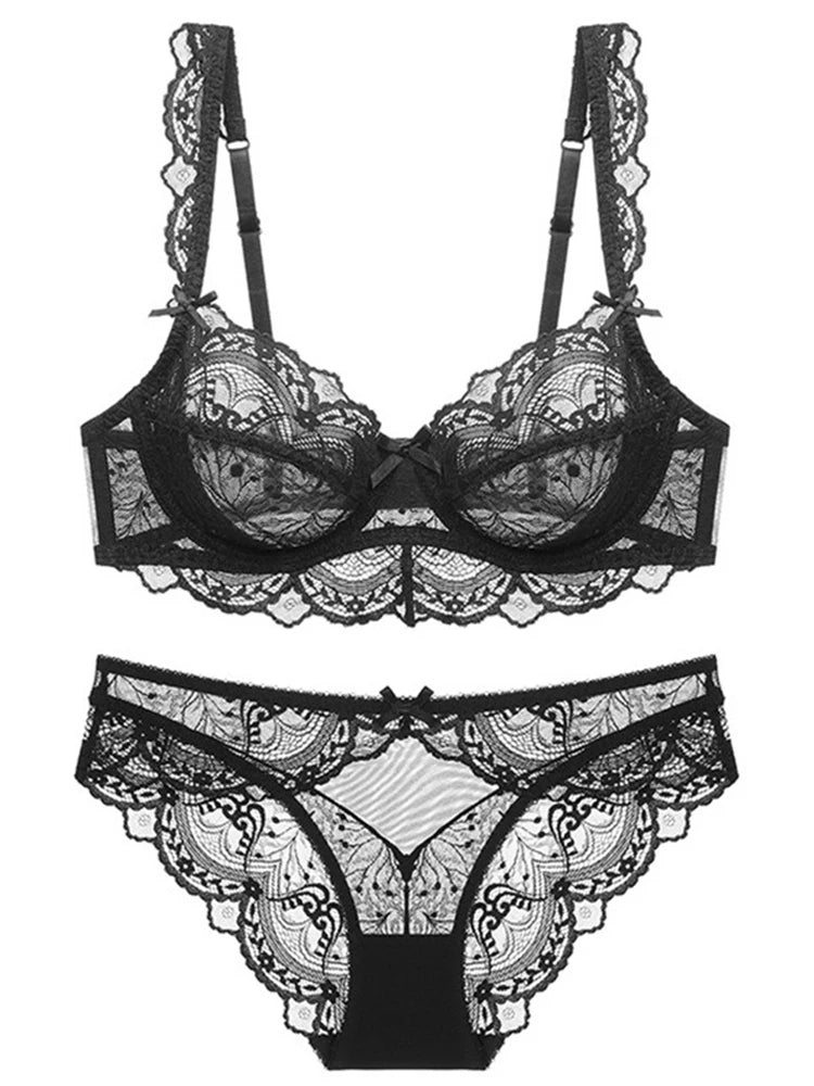 Ensemble soutien-gorge et culotte en dentelle transparente ultra fine pour femme, sous-vêtements sexy, lingerie, brassières, bonnets A B C D E, 95C 95D