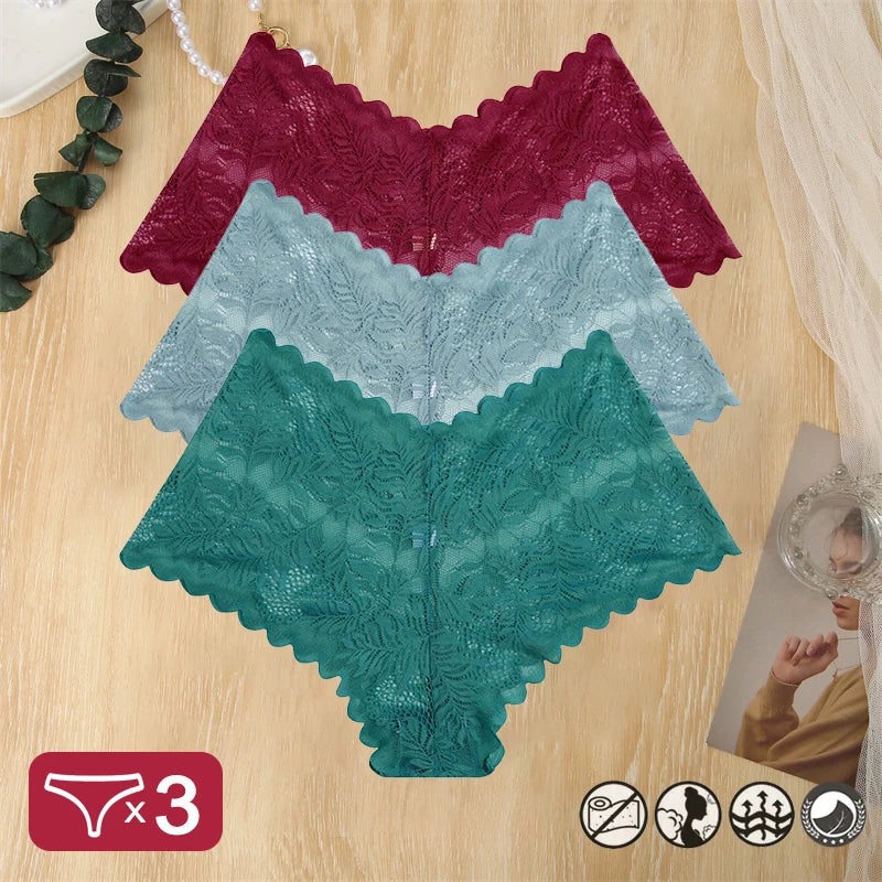 3 pièces femmes Sexy dentelle culottes Perspective florale Uderwear couleur unie intimes Boyshort femme taille en V respirant doux Lingerie