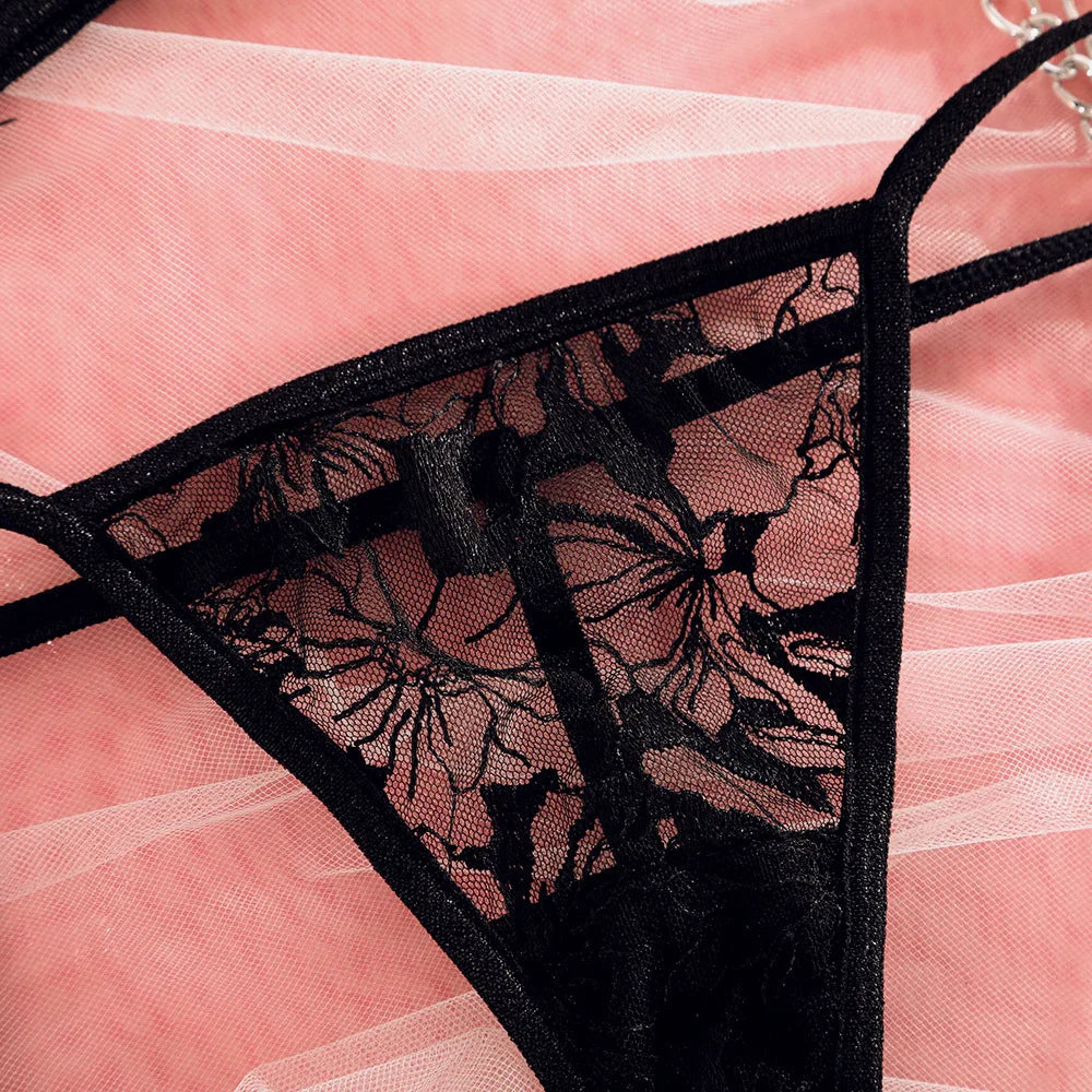 Femmes dentelle soutien-gorge string porte-jarretelles chaînes rose Transparent Lingerie ensemble exotique quatre pièces broderie florale Costume érotique
