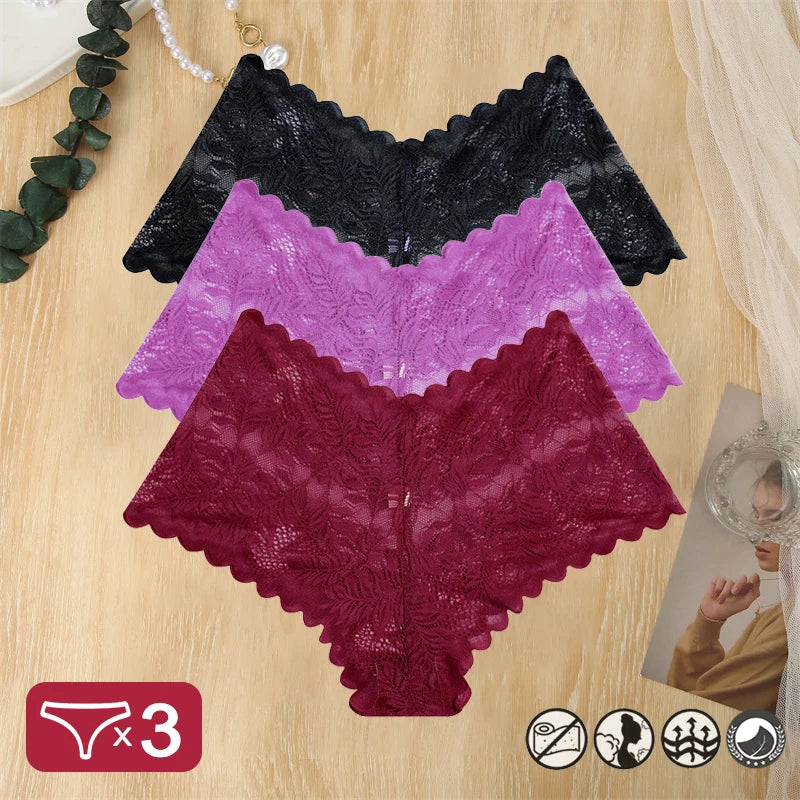 3 pièces femmes Sexy dentelle culottes Perspective florale Uderwear couleur unie intimes Boyshort femme taille en V respirant doux Lingerie