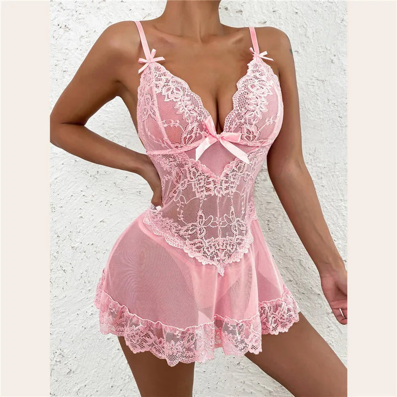 Robe nuisette en dentelle pour femmes, sous-vêtements érotiques, soutien-gorge ouvert, pyjama transparent en maille, Costumes Sexy, body, tenue porno exotique