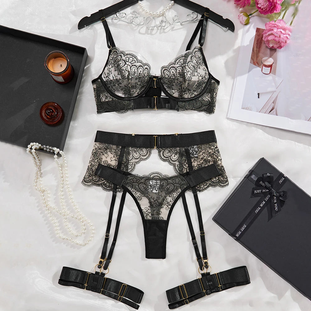 Perspective dentelle sous-vêtements brodés ensemble de Lingerie Sexy femmes voir à travers Push Up Costume érotique ensemble de Lingerie exotique intime