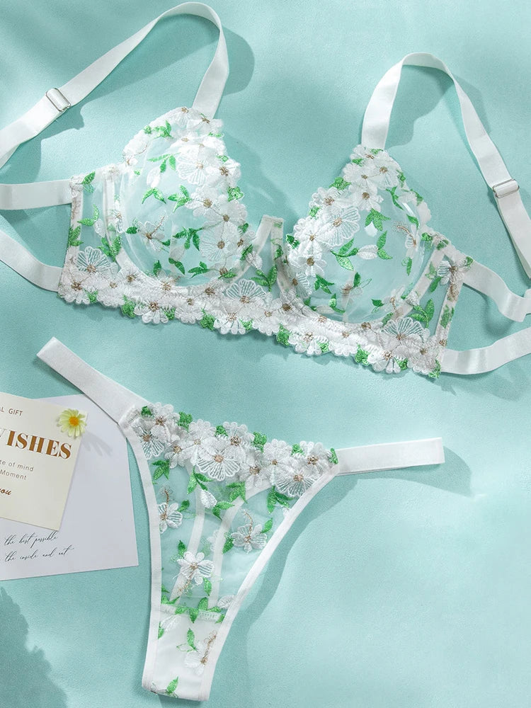 Ensemble soutien-gorge et slip Sexy, broderie florale, mode romantique, sous-vêtements transparents Ultra fins, fleurs transparentes, ensemble exotique