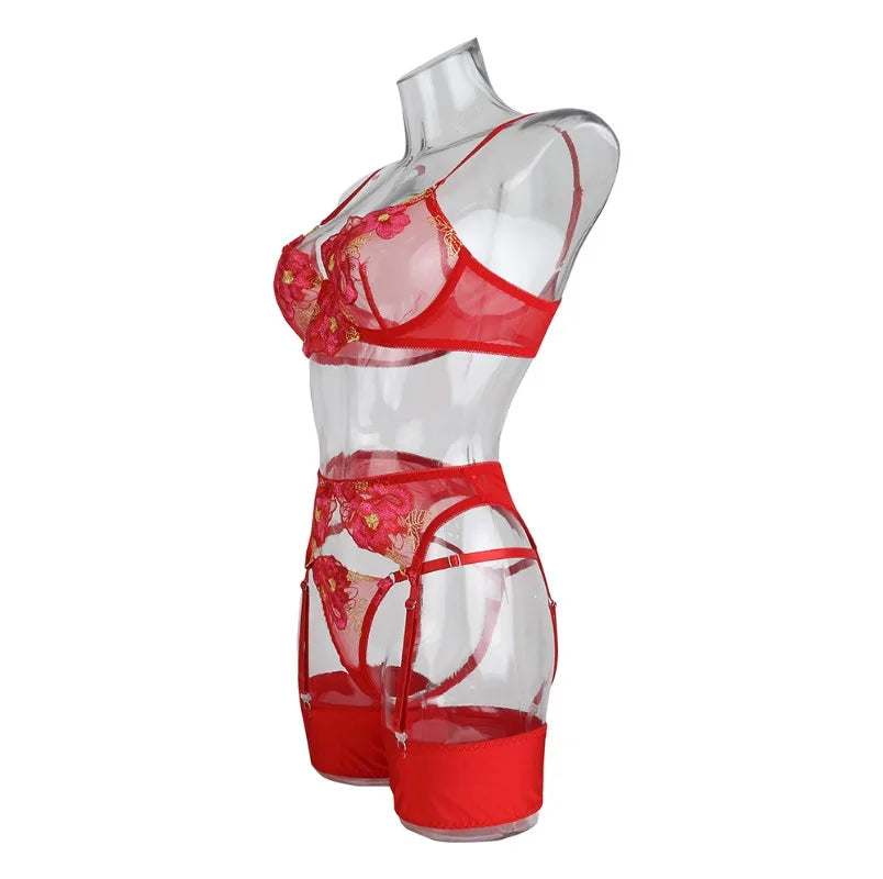 Ensemble soutien-gorge et slip Sexy pour femmes, maille transparente brodée en dentelle avec plusieurs couleurs, bretelles, soutien-gorge push-up érotique