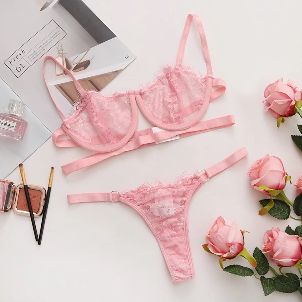 Lingerie femme dentelle sous-vêtements transparents fée broderie slips ensembles Kit de soutien-gorge délicat Push Up Breves ensembles
