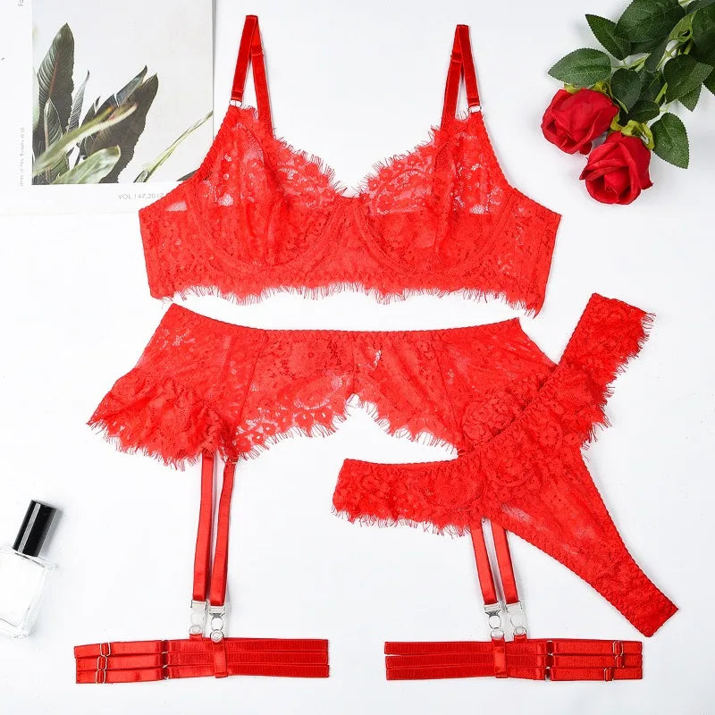 Toucheart-Ensemble de sous-vêtements en dentelle sexy pour femmes, jarretières transparentes en maille, document solide, ensemble de lingerie sexy, 4 pièces