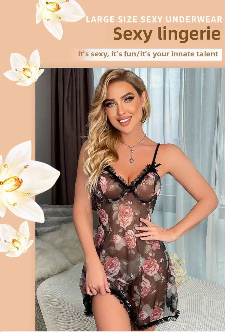 Chemise en mousseline de soie et dentelle florale pour femmes, ensemble de vêtements de nuit à bretelles réglables, cadeau romantique, vêtements de nuit transparents, poupée de saint-valentin, garniture noire U