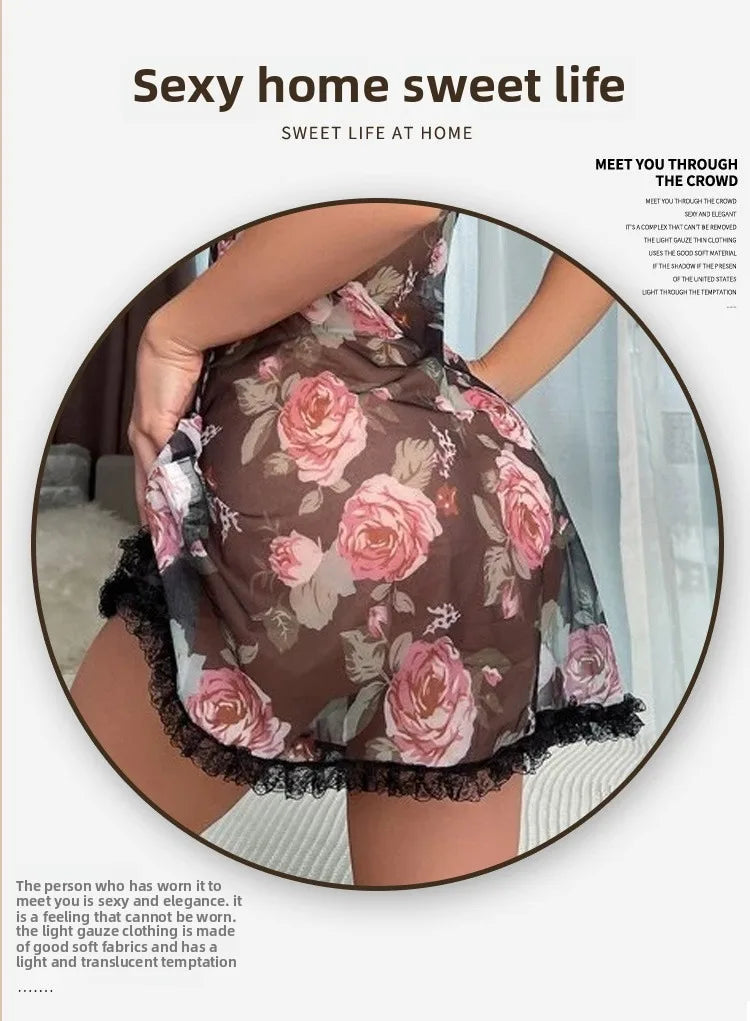 Chemise en mousseline de soie et dentelle florale pour femmes, ensemble de vêtements de nuit à bretelles réglables, cadeau romantique, vêtements de nuit transparents, poupée de saint-valentin, garniture noire U