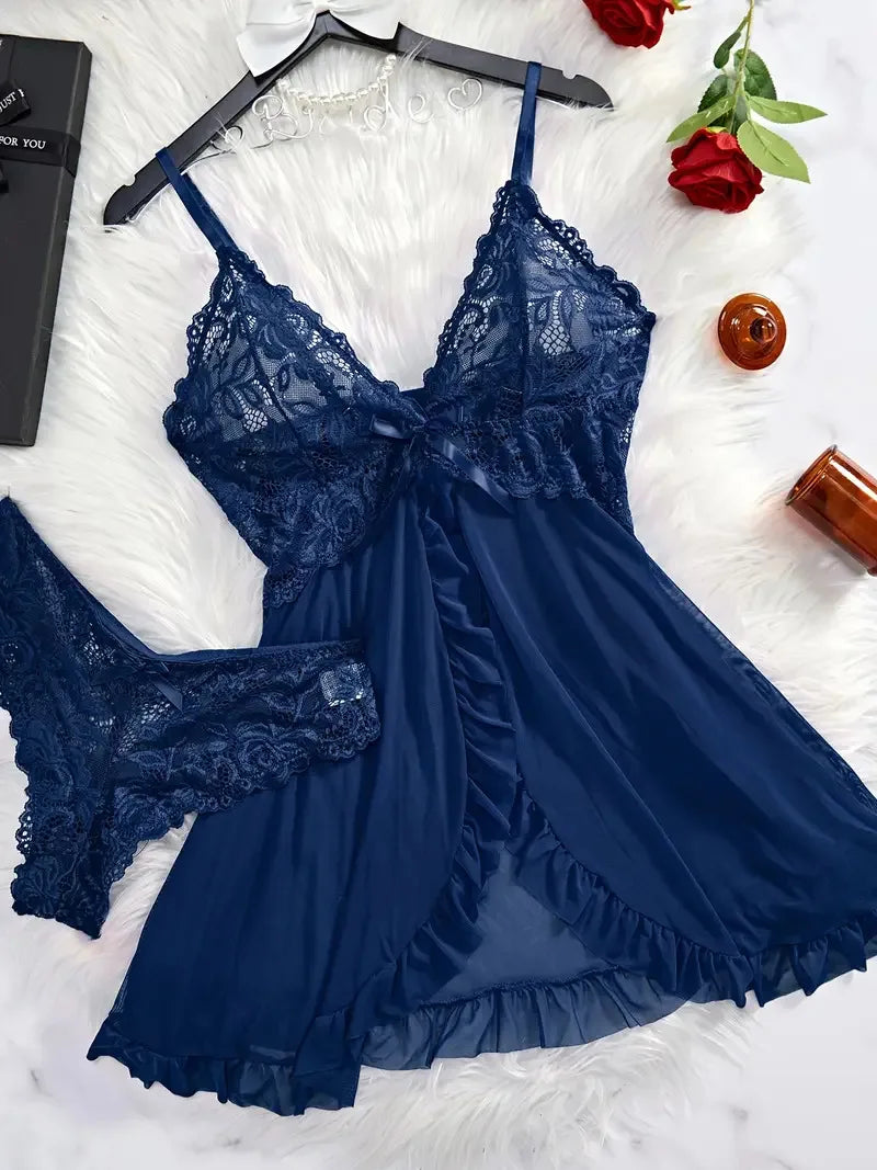 Un ensemble de chemise de nuit Ultra Sexy en Tulle, soutien-gorge à col en v, jupe de nuit ouverte, robe érotique pour femme, pyjama transparent, pantalon de Lingerie, kit de luxe